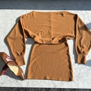 Dark Tan Off The Shoulder Knit Mini Dress
